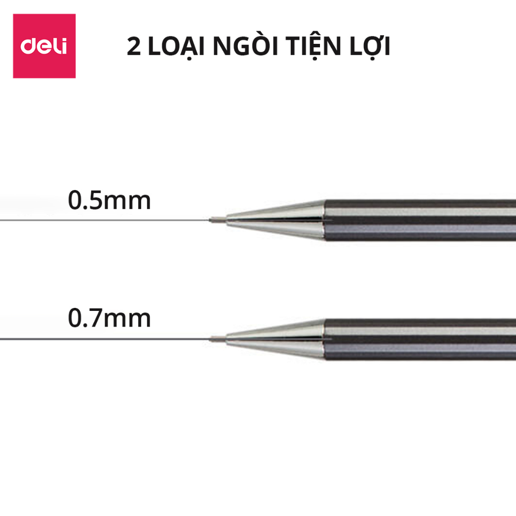 Bút chì kim bấm kỹ thuật 0.5mm/0.7mm Deli kèm đầu tẩy thân kim loại chắc chắn, chống hao mòn - Màu ngẫu nhiên