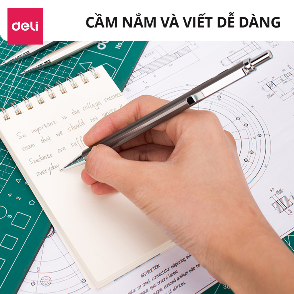Bút chì kim bấm kỹ thuật 0.5mm/0.7mm Deli kèm đầu tẩy thân kim loại chắc chắn, chống hao mòn - Màu ngẫu nhiên