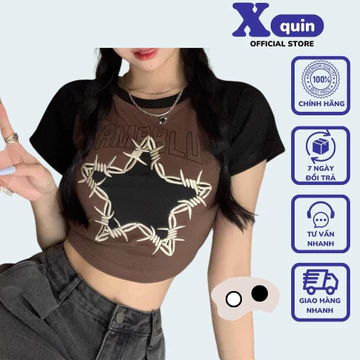 Áo croptop nữ ngắn tay phối màu in hình ngôi sao Xquin, Áo thun nữ dáng croptop ôm body cực tôn dáng