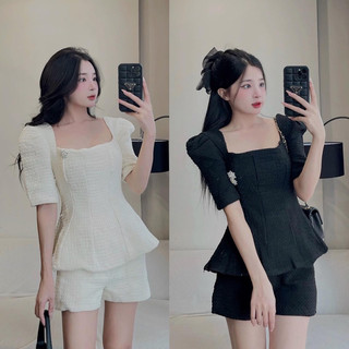 Set Áo Dạ Tay Cộc Cổ Vuông Kèm Quần Sooc Hàng 2 Lớp Kèm Tang Đá Rời Có Ảnh Thật