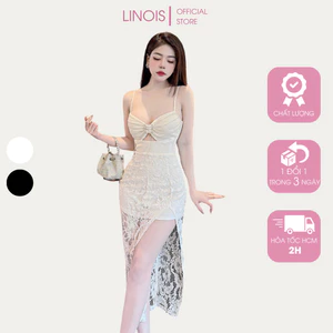 Đầm Ren Body Dự Tiệc, Dạ Hội 2 Dây Ngực Nơ Kết Đá Chân Váy Xẻ Đùi - Vải Ren + Thun Umi - 2 Màu Trắng, Đen LINOIS