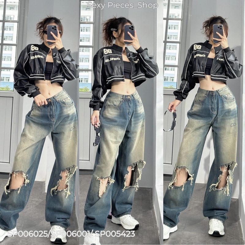 Jean xanh wash bạc rách(SP006001)- Áo khoác da moody girl(SP006025 ...