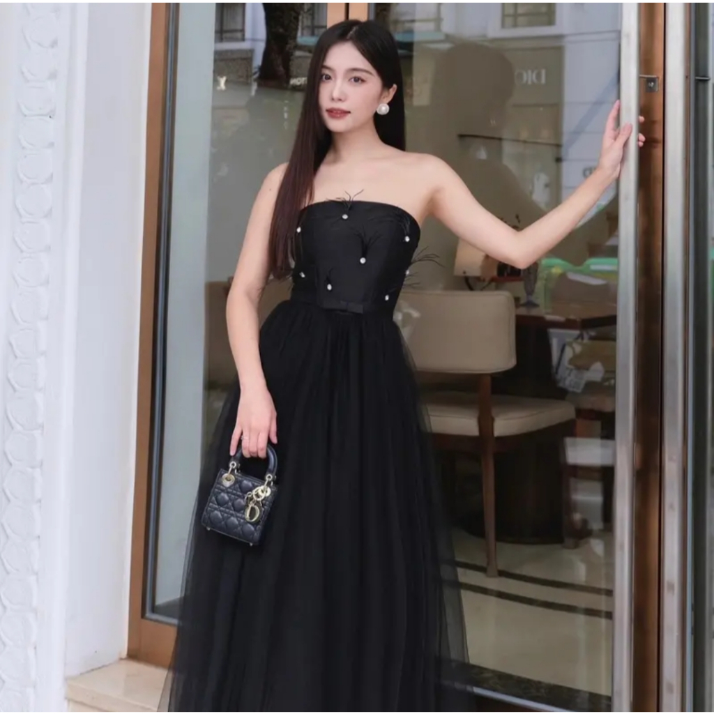 Alan Dress - Đầm cúp ngực đính nơ hoa dáng xòe