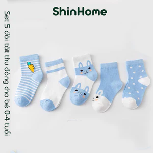 Set 5 tất vớ cao cổ dày thu đông cho bé trai bé gái sơ sinh 0-4 tuổi hình THỎ ShinHome