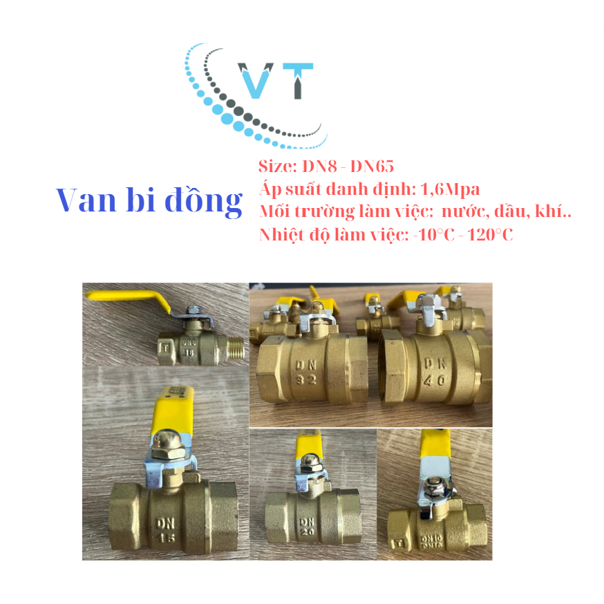 Van bi đồng thau tay gạt phi từ 60mm - 76mm, DN50, DN65