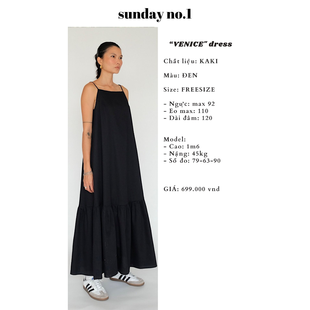 SUNDAY - "VENICE", Đầm Đen Maxi Hai Dây, Bèo Chân.