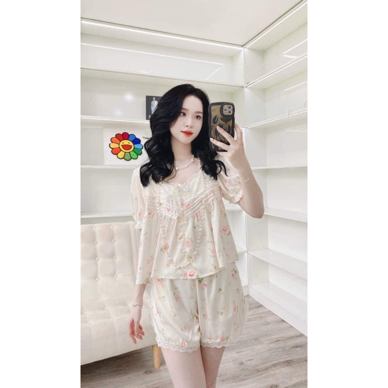 Bộ cộc đùi pizama tiểu thư bánh bèo phối ren bèo cổ cúc ngọc- bộ mặc nhà sang chảnh