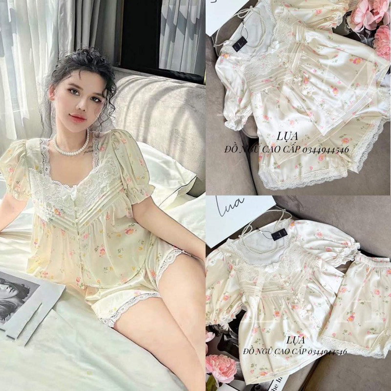 Bộ cộc đùi pizama tiểu thư bánh bèo phối ren bèo cổ cúc ngọc- bộ mặc nhà sang chảnh