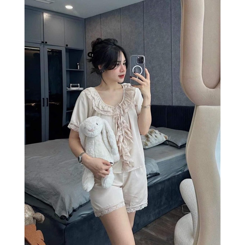Bộ cộc đùi pizama tiểu thư bánh bèo phối ren bèo cổ cúc ngọc- bộ mặc nhà sang chảnh
