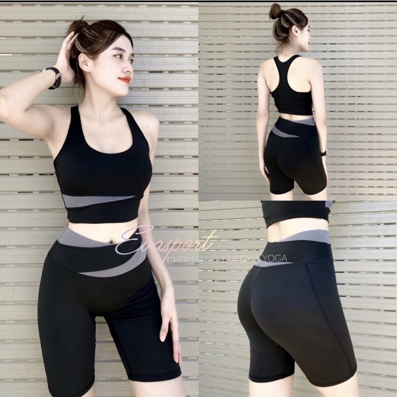Bộ bra quần ngố đen phối ghi thích hợp tập gym, yoga, aerobic,...
