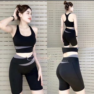 Bộ bra quần ngố đen phối ghi thích hợp tập gym, yoga, aerobic,...