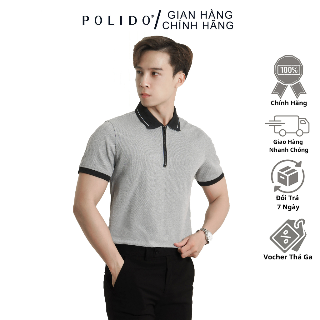 Áo Polo Nam Kéo Khóa Polido Màu Xám Phối Bo Chất Liệu Thoáng Mát Form Slim Co Giãn Kiểu Dáng Hiện Đại Thời Trang Nam