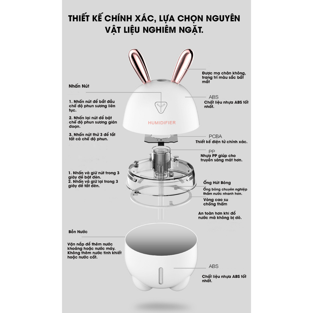 Ảnh Máy phun sương tạo độ ẩm & khuếch tán tinh dầu hình thỏ, giúp căn phòng luôn thơm mát, có thể dùng làm đèn trang trí. 4