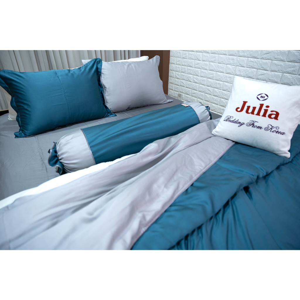Bộ Chăn Ga Gối Lụa Tencel JULIA Siêu Mềm Thoáng Mát Phong Cách Hàn Quốc Màu Xanh 842