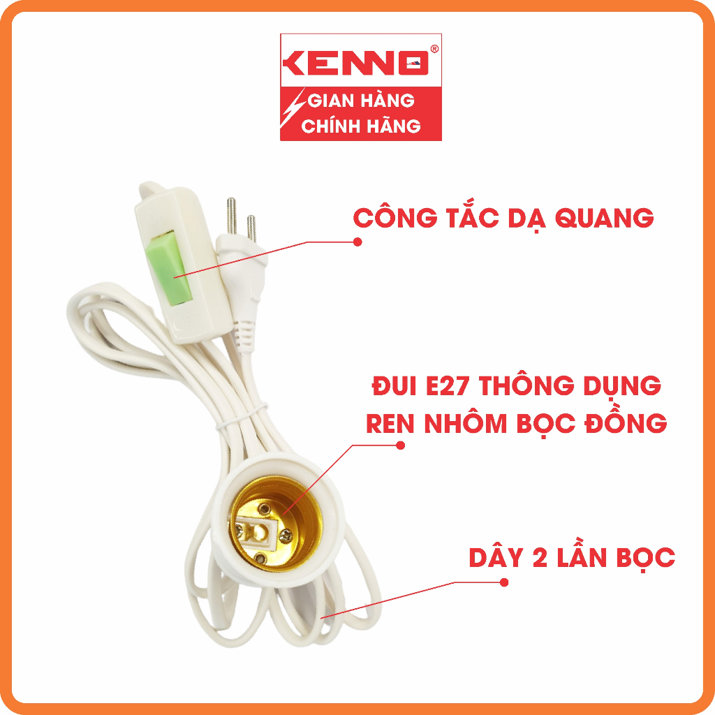 Bộ dây đuôi đèn liền công tắc dạ quang Kenno DS sẵn phích cắm