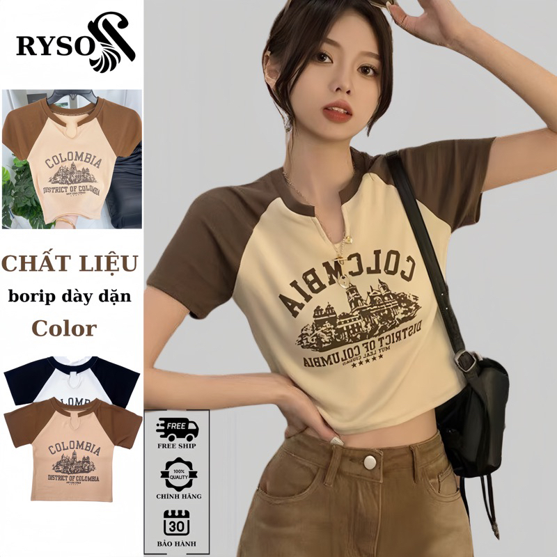 Áo Croptop Ôm Body Nữ RYSO FASHION In Hình COLOMBIA Tay Ngắn Cổ Xẻ V Kiểu Sexy In Họa Tiết crt thun gân dày loạ spe