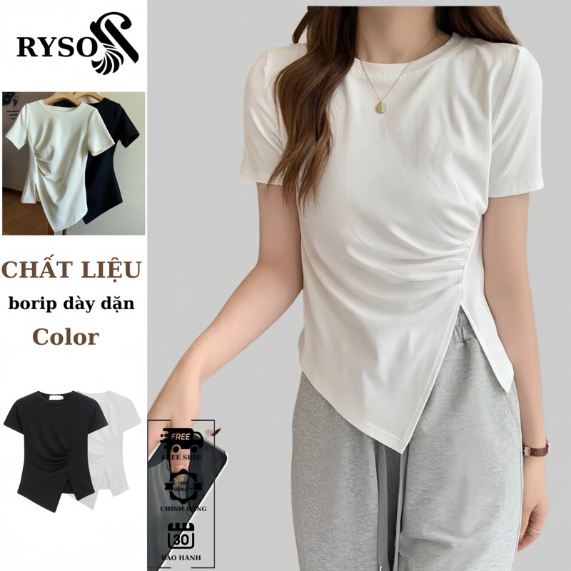 Áo Thun Nữ Tay Ngắn RYSO FASHION BaSic Kiểu Nhún Eo Vạt Lệch Xẻ Tà Chất Cotton Mềm Co Giãn Tôn Dáng spe