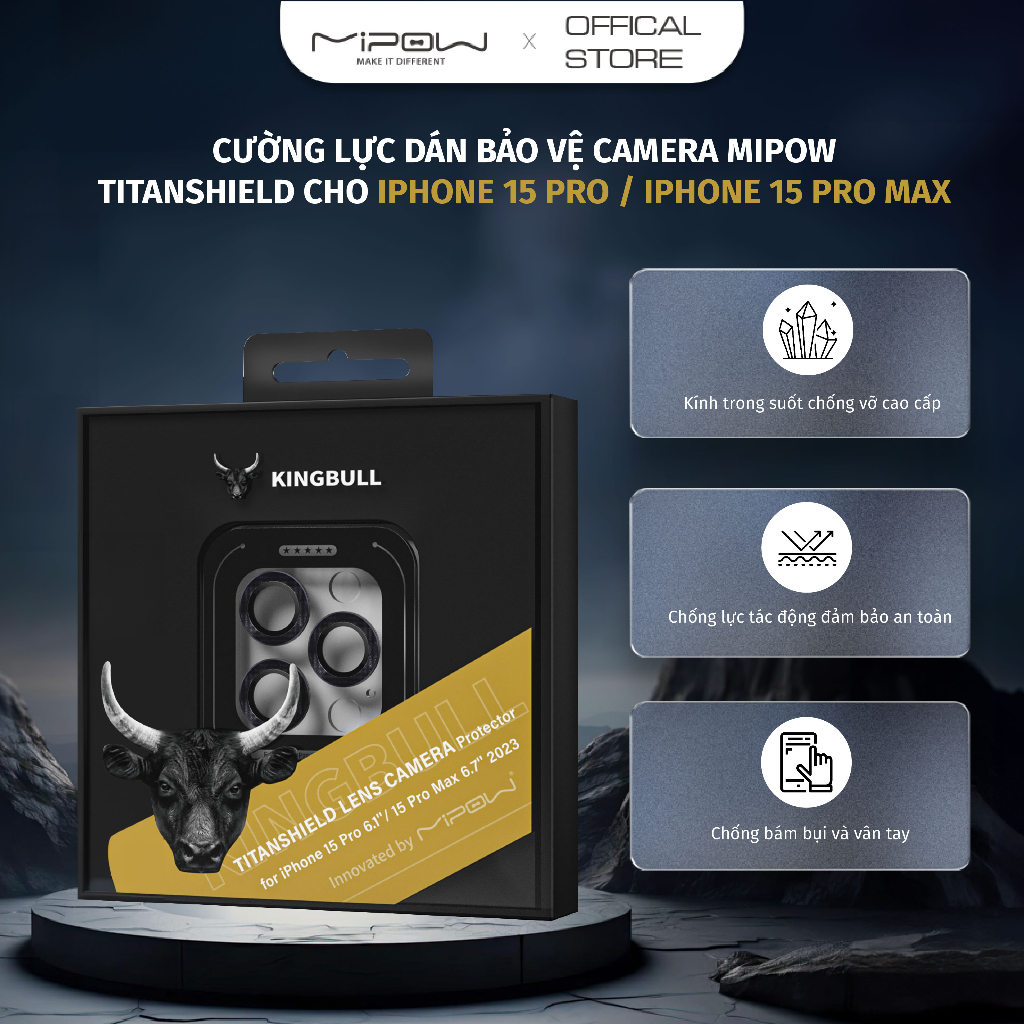 Cường lực dán bảo vệ camera MIPOW TitanShield cho iPhone 15 Pro / 15 Pro  Max - Hàng Chính Hãng