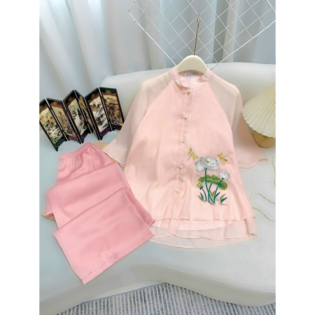 Pháp phục đi chùa cổ tàu thêu hoa sen lụa voan 3 lớp Set bộ đi chùa cách tân tay lỡ Đồ lam đi chùa thanh lịch