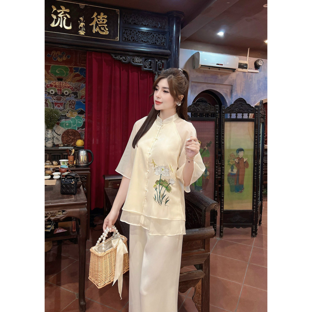 Pháp phục đi chùa cổ tàu thêu hoa sen lụa voan 3 lớp Set bộ đi chùa cách tân tay lỡ Đồ lam đi chùa thanh lịch