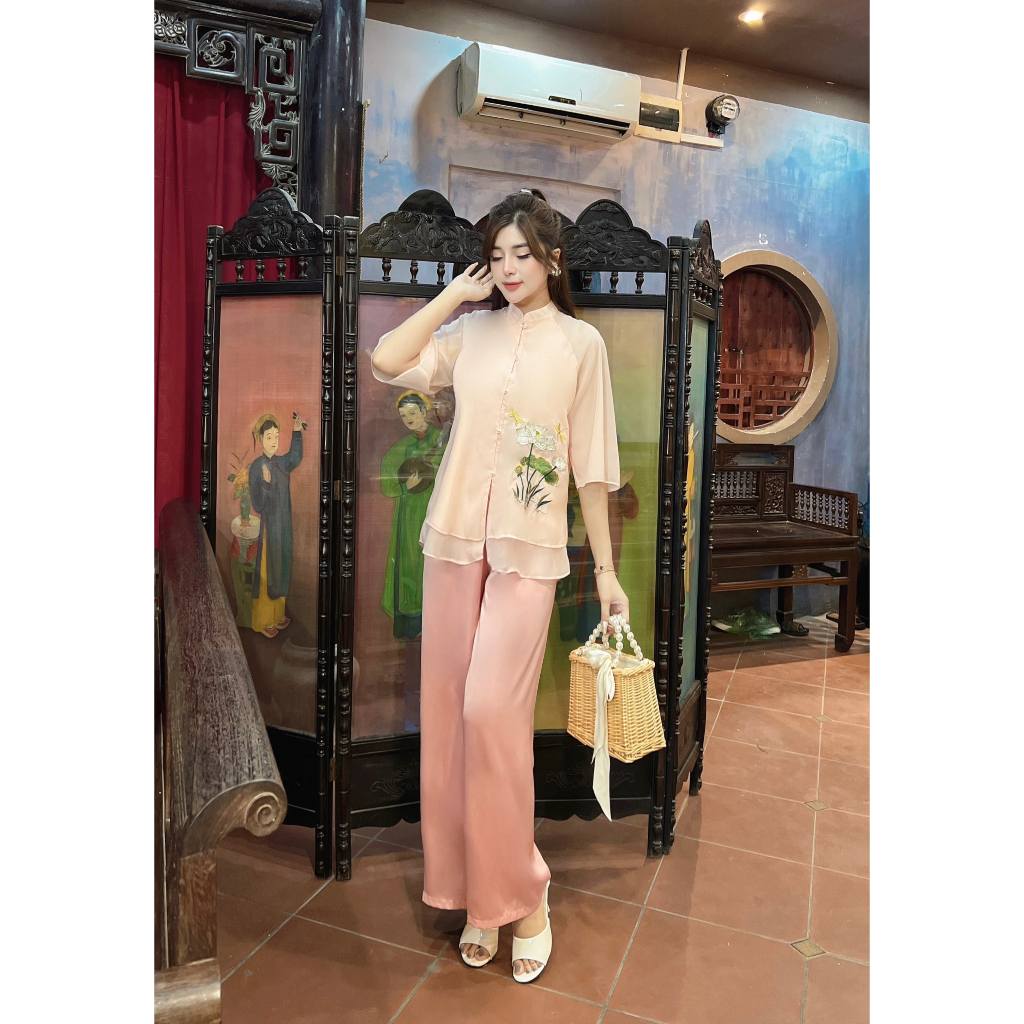 Pháp phục đi chùa cổ tàu thêu hoa sen lụa voan 3 lớp Set bộ đi chùa cách tân tay lỡ Đồ lam đi chùa thanh lịch