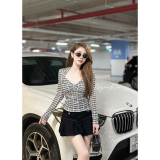 Set Bộ Đồ Nữ Miumiu Áo Dài Tay Nhún Ngực Ôm Body Mix Chân Váy Tuyết Mưa Xếp Ly Có Quần Trong Freesize