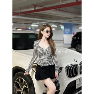 Set Bộ Đồ Nữ Miumiu Áo Dài Tay Nhún Ngực Ôm Body Mix Chân Váy Tuyết Mưa Xếp Ly Có Quần Trong Freesize