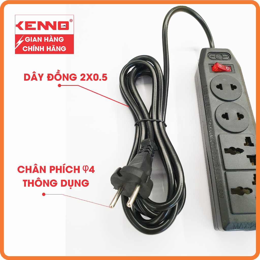 Ổ Cắm Điện Đa Năng Chịu Tải 1200W Kenno 4 Lỗ Cắm Có Công Tắc, Chuyên dùng nồi cơm, siêu tốc...