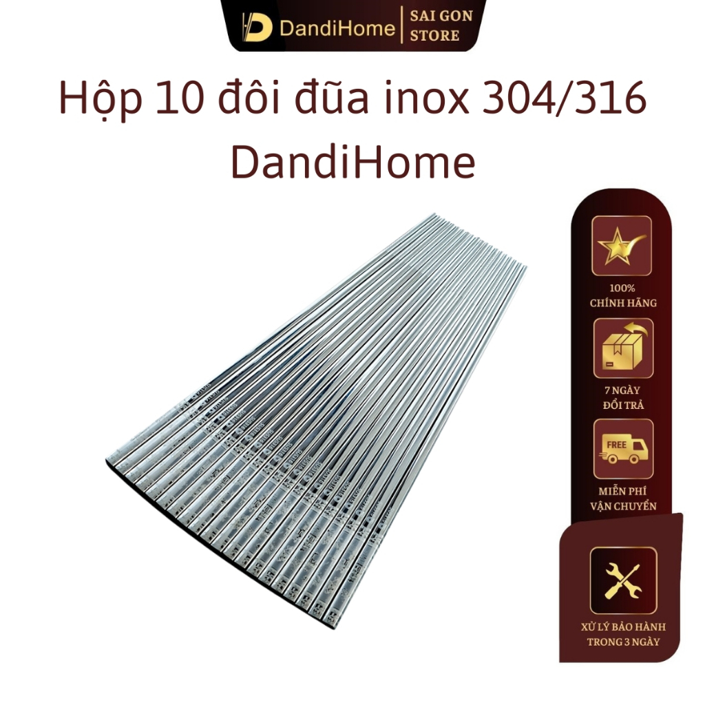 01 hộp 10 đôi đũa Inox 304 / 316 DandiHome cao cấp, sang trọng