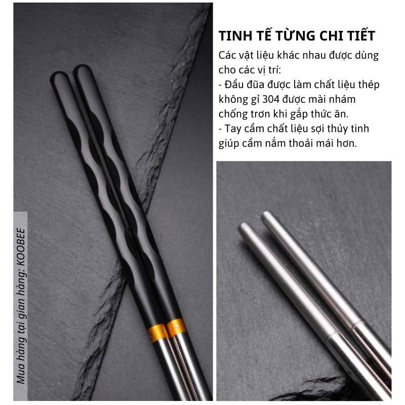 Set 10 đôi đũa Inox 304 không gỉ tay cầm sáng tạo chất liệu kháng khuẩn chống trơn chịu nhiệt cao cấp KOOBEE (BA22)