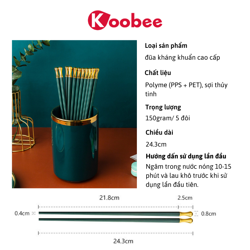Set 5/10 Đôi Đũa Sợi Thủy Tinh Xanh Bắc Âu Mạ Vàng KOOBEE – Sang Trọng, Kháng Khuẩn, Chống Trơn, Chịu Nhiệt Cao Cấp (BA2