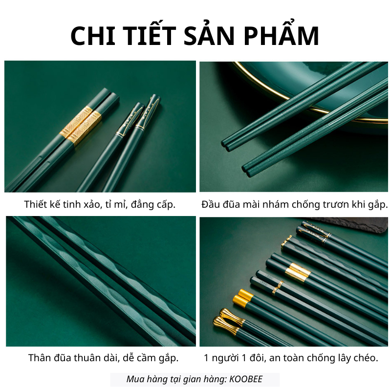 Set 5/6/8 Đôi Đũa Sợi Thủy Tinh KOOBEE – Màu Xanh Bắc Âu Mạ Vàng Sang Trọng, Kháng Khuẩn, Chịu Nhiệt, Chống Trơn (BA20)