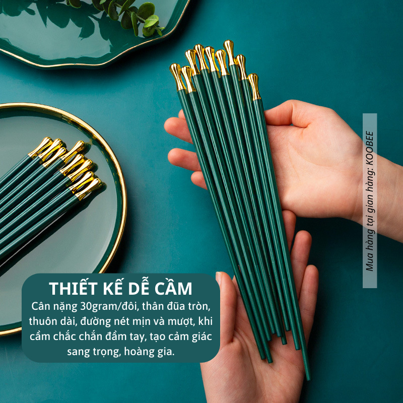 Set 5/10 Đôi Đũa Sợi Thủy Tinh Xanh Bắc Âu Mạ Vàng KOOBEE – Sang Trọng, Kháng Khuẩn, Chống Trơn, Chịu Nhiệt Cao Cấp (BA2