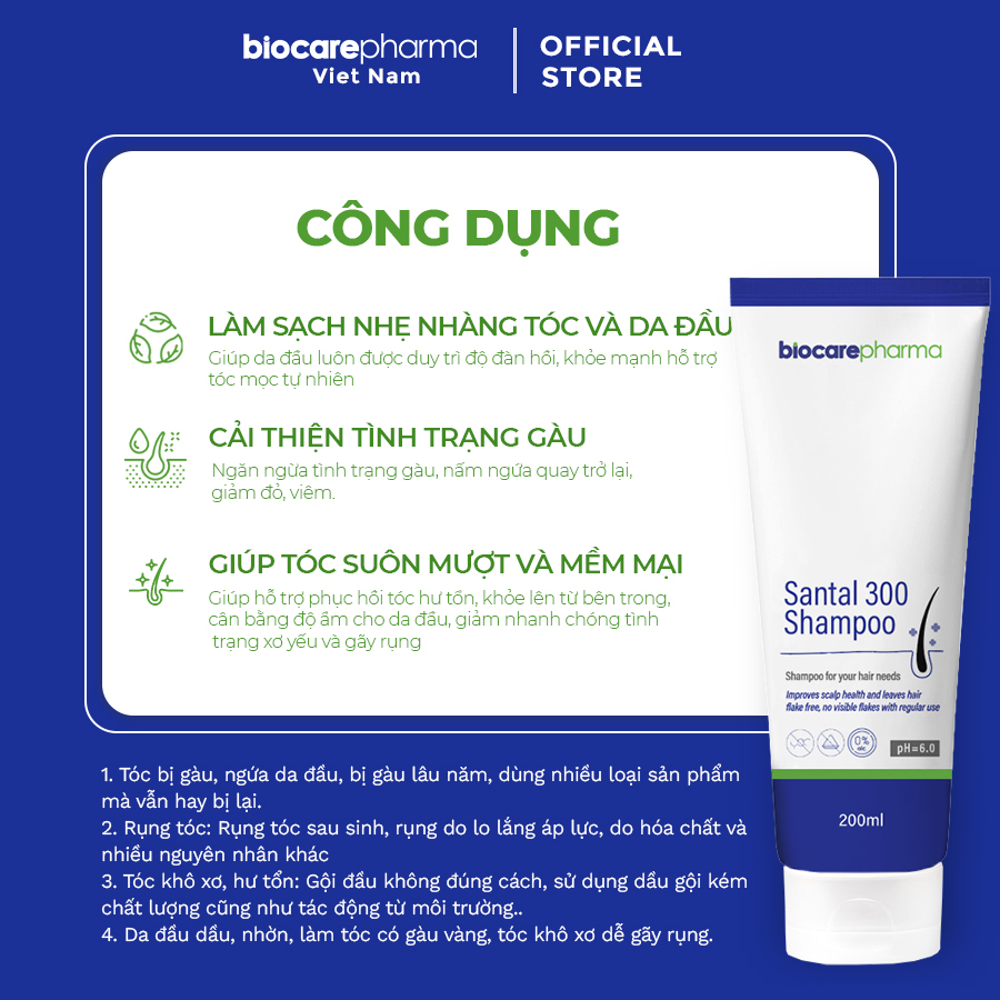 Ảnh Dầu gội giảm gàu nấm ngứa Santal 300 shampoo mẫu tuýp 200ml | Biocarepharma 3