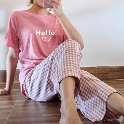 Bộ mặc nhà Áo dài tay, quần Caro in hình dể thương, Sét bộ mặc nhà Nữ chất Cotton xược