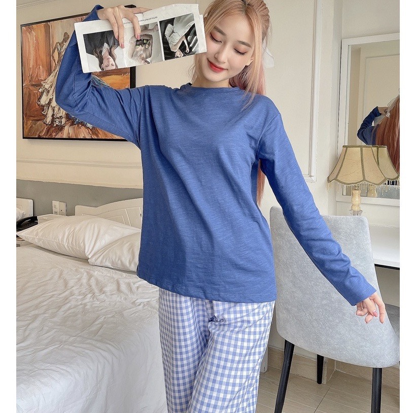 Bộ mặc nhà Áo dài tay, quần Caro in hình dể thương, Sét bộ mặc nhà Nữ chất Cotton xược