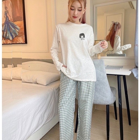 Bộ mặc nhà Áo dài tay, quần Caro in hình dể thương, Sét bộ mặc nhà Nữ chất Cotton xược