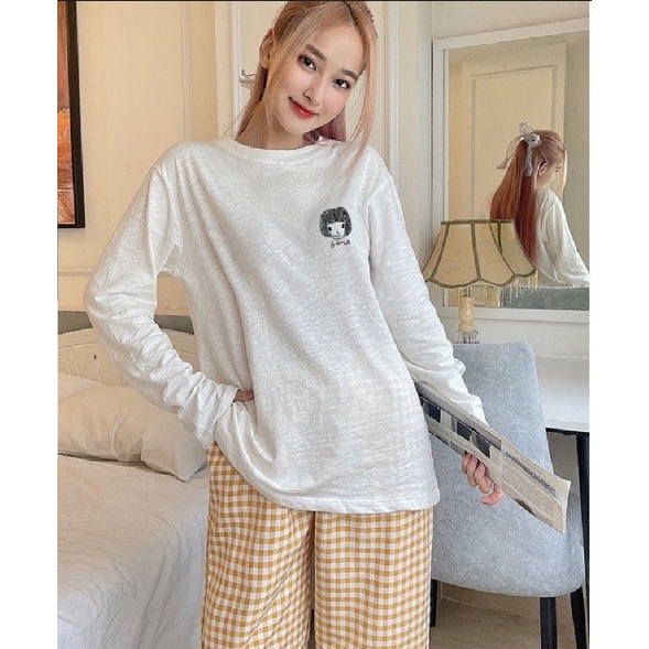 Bộ mặc nhà Áo dài tay, quần Caro in hình dể thương, Sét bộ mặc nhà Nữ chất Cotton xược