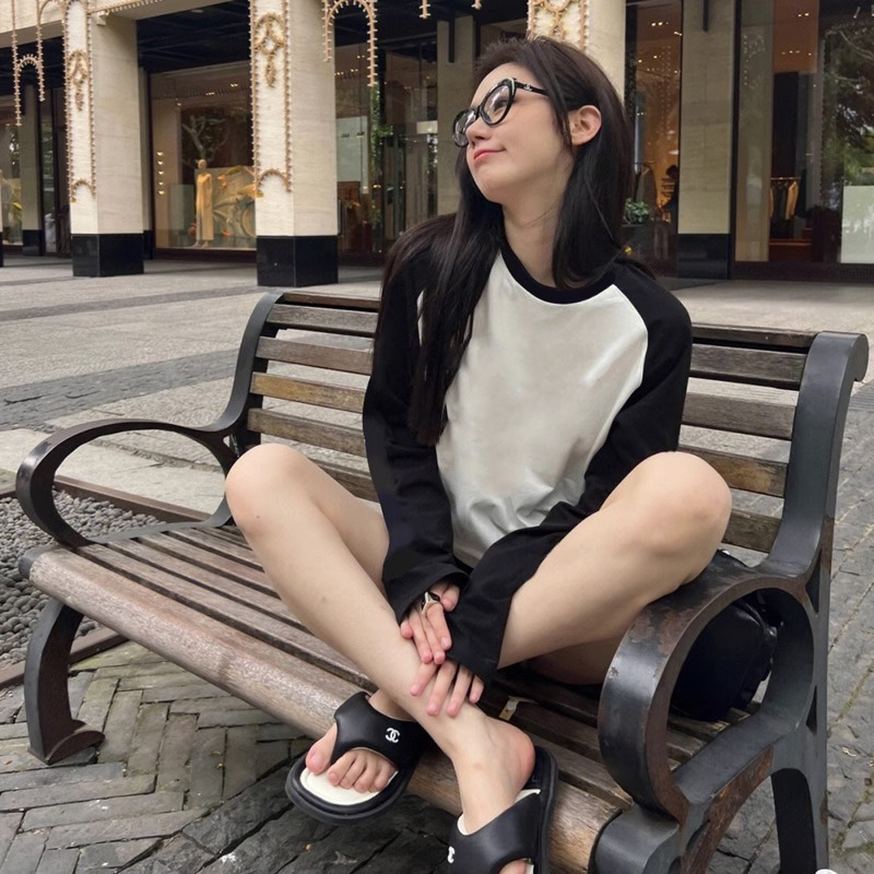 Áo tay dài phối màu trơn, Áo thun Nữ tay dài dáng rộng, Chất Cotton xược