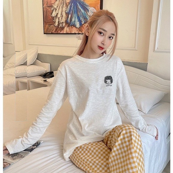 Bộ mặc nhà Áo dài tay, quần Caro in hình dể thương, Sét bộ mặc nhà Nữ chất Cotton xược