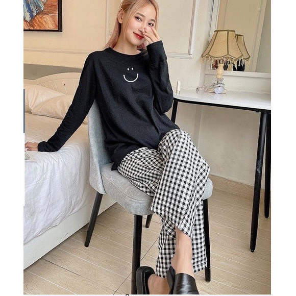 Bộ mặc nhà Áo dài tay, quần Caro in hình dể thương, Sét bộ mặc nhà Nữ chất Cotton xược