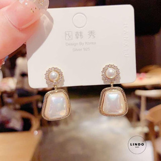 LD36 Bông Tai Trân Châu Viền Đá Dáng Dài LINDO, Bông Tai Thời Trang Phong Cách Thanh Lịch Thích Hợp Đeo Đi Chơi, Dự Tiệc