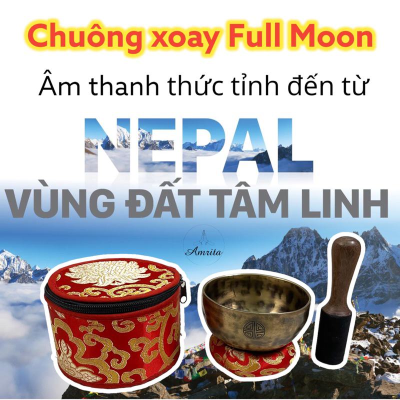 Chuông Xoay Fullmoon Nepal Cao Cấp 10 cm, Chuông Xoay Trị Liệu, Chuông Xoay Nepal, Bát Hát Trị Liệu, Yoga - Amrita