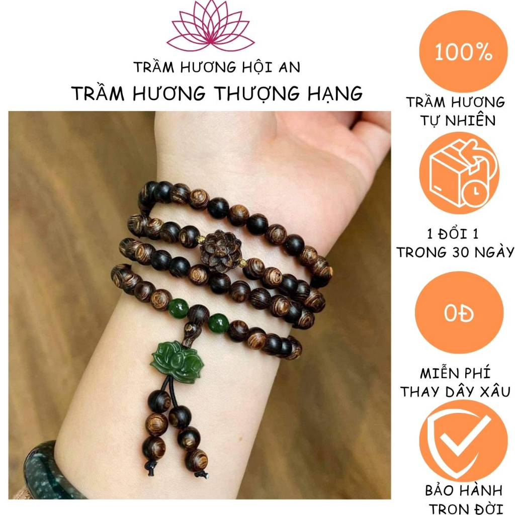Chuỗi trầm hương sánh chìm 6ly 108 hạt mix charm hoa sen giữa và cuốn dây-giành cho nam nữ-Trầm hương Hội an..