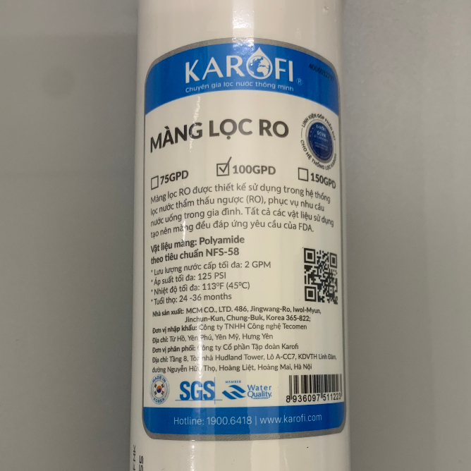 Màng Lọc RO Membrane Karofi Sản Xuất Tại Hàn Công Suất 100GPD Cắm Nhanh -Lõi Lọc Số 4, Màng RO Nhập Khẩu Hàn