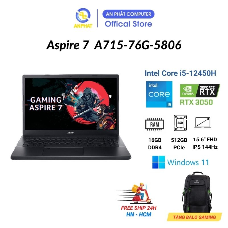 Laptop Gaming Acer Aspire 7 A715-76G-5806 (Core i5-12450H | GeForce RTX 3050)