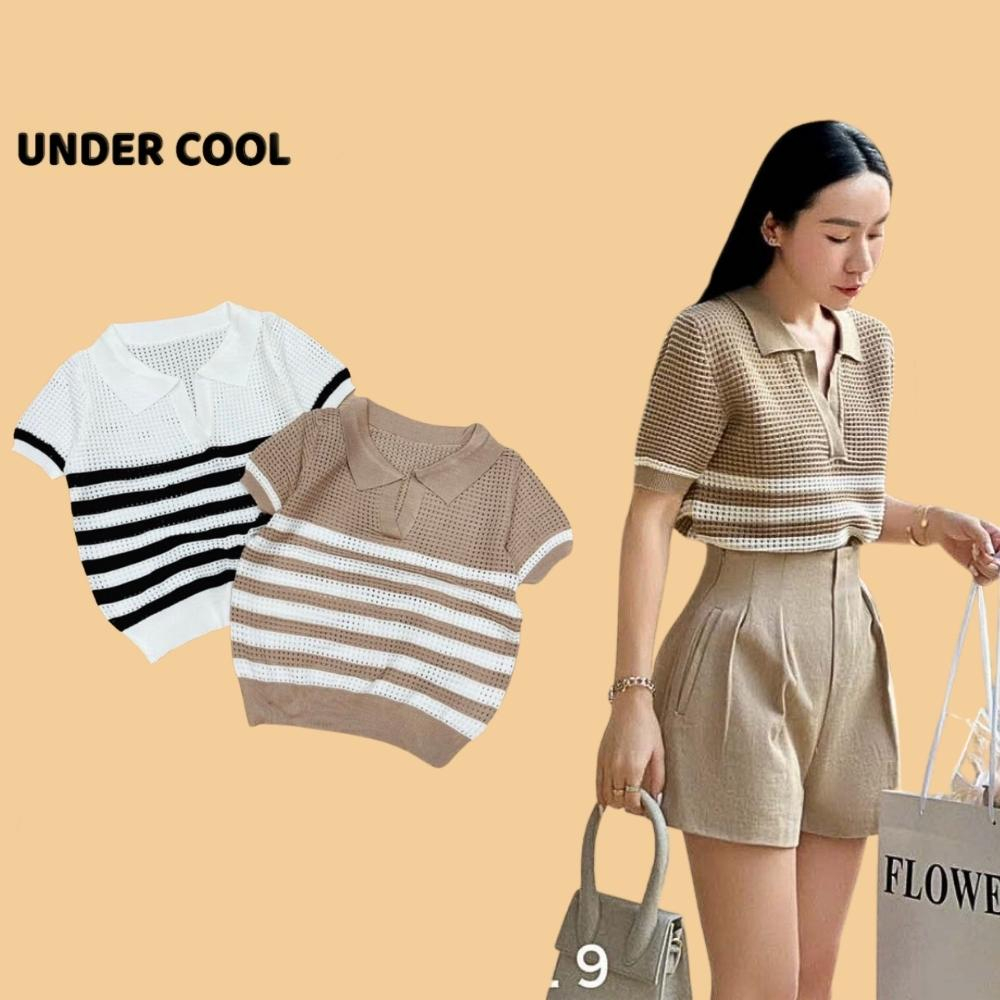 Áo Polo Cộc Tay UNDERCOOL Vải Len Lỗ Thoáng Mát Kẻ Ngang Màu Trắng Be ACT07
