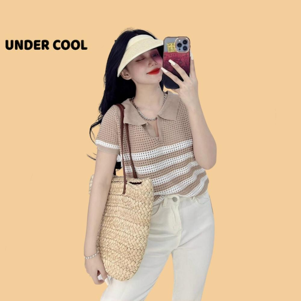 Áo Polo Cộc Tay UNDERCOOL Vải Len Lỗ Thoáng Mát Kẻ Ngang Màu Trắng Be ACT07