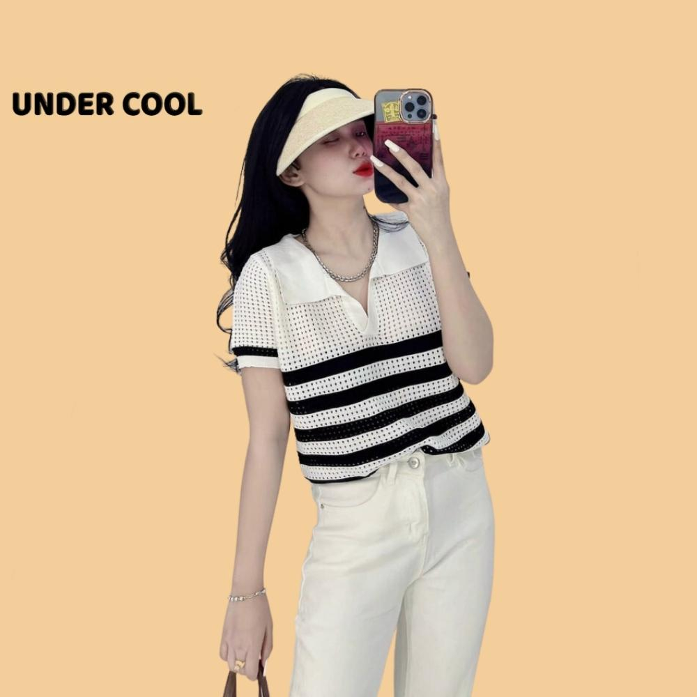 Áo Polo Cộc Tay UNDERCOOL Vải Len Lỗ Thoáng Mát Kẻ Ngang Màu Trắng Be ACT07