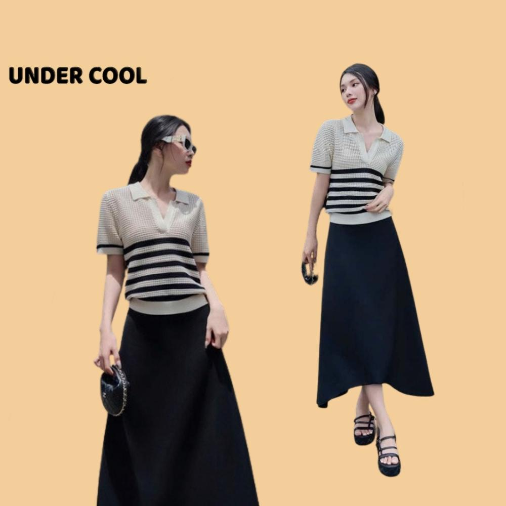 Áo Polo Cộc Tay UNDERCOOL Vải Len Lỗ Thoáng Mát Kẻ Ngang Màu Trắng Be ACT07